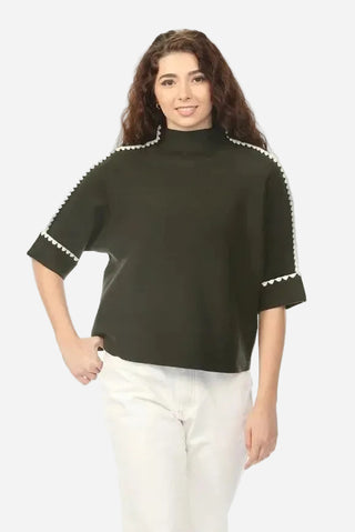 Rain + Rose Elira Scallop Trim Mock Neck Knit Sweater, Olive