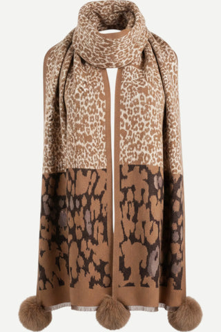 Mitchies Matchings Brown Mix Animal Print Scarf w/ Poms