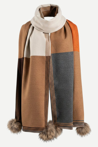 Mitchies Matchings Brown Mix Color Block Scarf w/ Poms