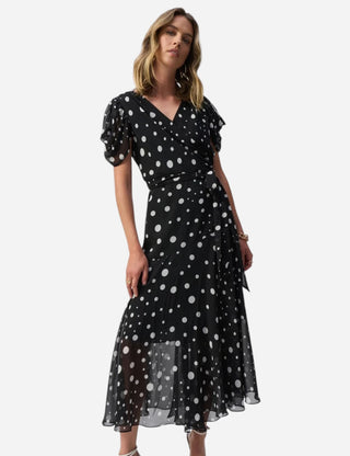 Joseph Ribkoff Chiffon Dot Print Wrap Dress, Black Vanilla