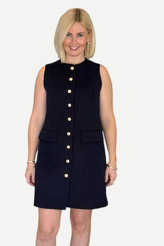 Pissenlit Tailored Golden Button Cashmere Vest Dress, Navy