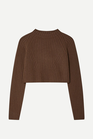 White + Warren Cashmere Blend Cropped Ribbed Crew Top, Umber
