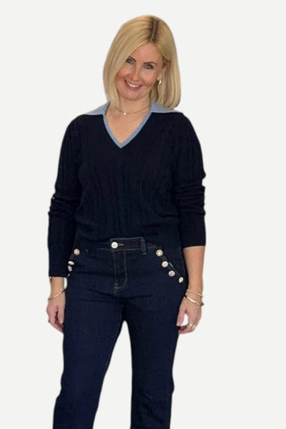 Pissenlit Layered V Neck Cable Knit Sweater, Navy