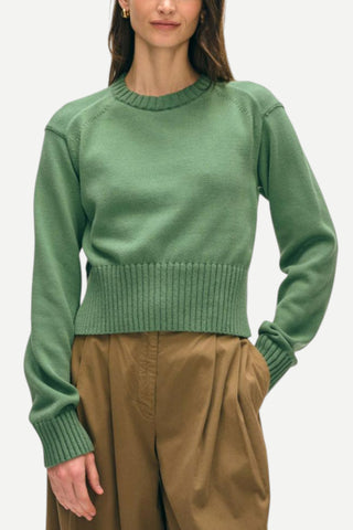 White + Warren Soft Cotton Rib Trim Sweatshirt, Willow Green / Ivory