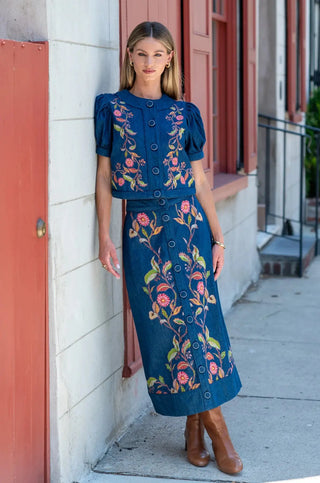 Elizabeth James Frannie Skirt, Denim Floral Emroidery