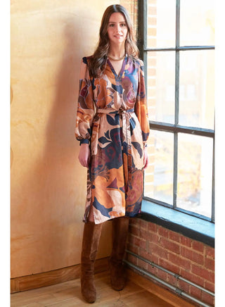 Finley Shirts Franchesca Midi Dress Etruscan Scroll, Navy Brown Orange