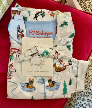 PJ Salvage Sleigh All Day 3 Piece Flannel PJ Set, White Snow Pups Sledding