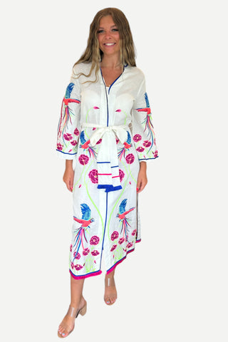 V By Jatin Varma Rajani Linen Cotton Embroidered Shirt Dress - Off White