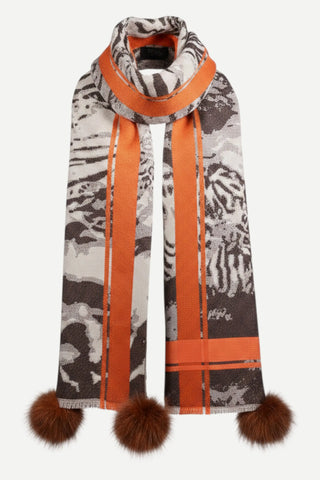 Mitchies Matchings Orange & Brown Abstract Animal Print Scarf w/ Poms