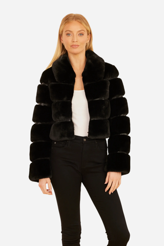 Dolce Cabo Vegan Leather, Paneled Faux Fur, Cropped Jacket, Black