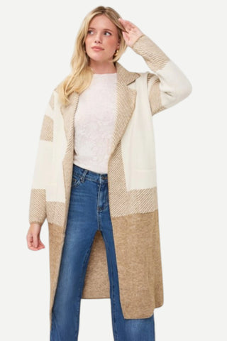 Esqualo Long Striped Cardigan, Sand Melange