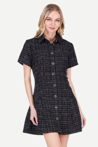 Joy Joy Pleated Tweed Dress, Black