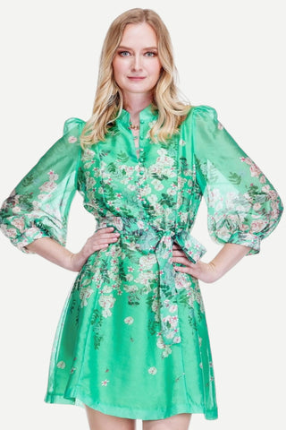 Jade Stand Collar A-Line Dress, Emerald Bloom JADE