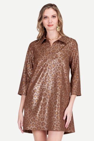 Jade Placket Bell Sleeve Dress, Golden Leopard