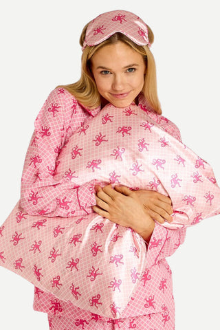 Two's Company Pillow Case and Eye Mask Silk Set, Pink Monkey