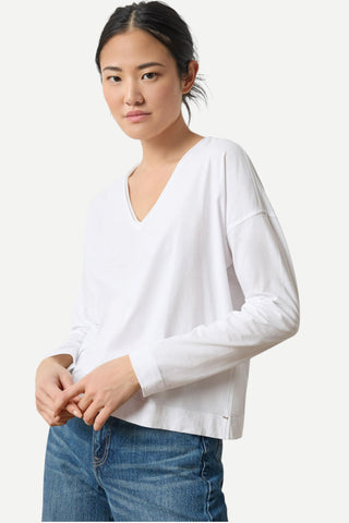 Lilla P Long Sleeve Cut Edge V-Neck Shirt, White