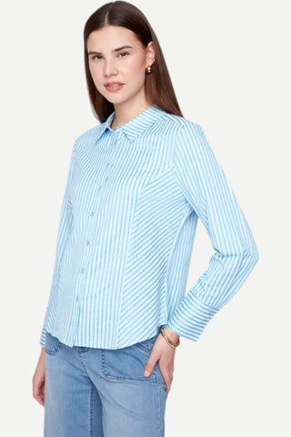 Renuar Striped Cotton Seersucker Blouse, Blue Combo