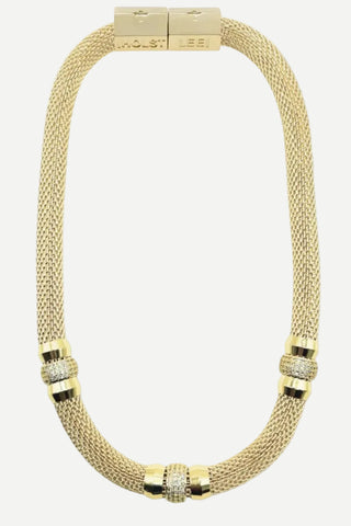 A gold mesh chain necklace with a lobster clasp and diamond accents, displayed on a clean white background.