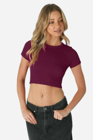 Nikibiki Shirred Short Sleeve Crop Top, Fig