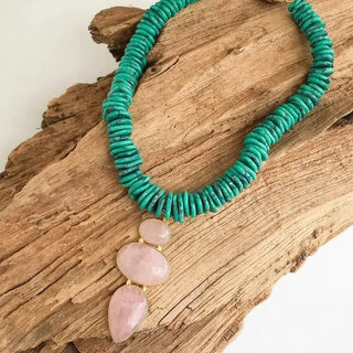 Virtue Jewelry Design Triple Gemstone Pendant on Gemstone Heishi Necklace, Turquoise/Rose Quartz