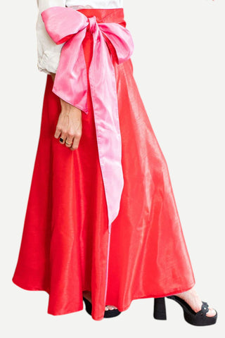 MBR Reversible Shantung Wrap Skirt, Red & Pink