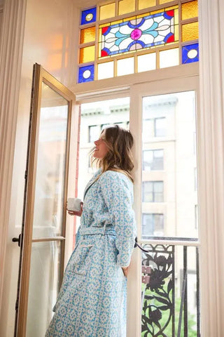 Brooks Ave Louise Velvet Jacquard Terry Bathrobe, Porto Blue Brooks Ave