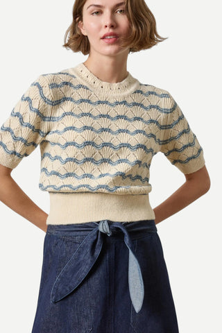 Lilla P Short Sleeve Multistitch Pullover Sweater, Winter White Stripe