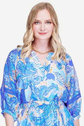 Jade Contrast Trim Peasant Top, Nautical Whirl JADE