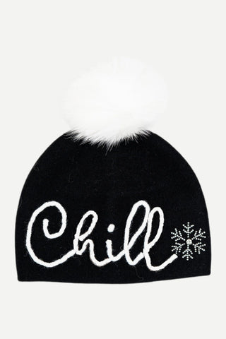 Mitchies Matchings Black/Chill Embroidered Beanie & Fox Pom