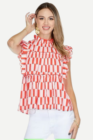 Joy Joy Scallop Tiered Top, Red Medley