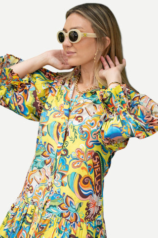 La Vida Riley The Teri, Ruffle Drop Mini Dress in Swirly Shells