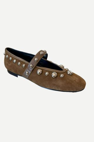 Bibi Lou Ballerina Suede Flat, Dark Camel Tan w/ Silver Bubble Studs