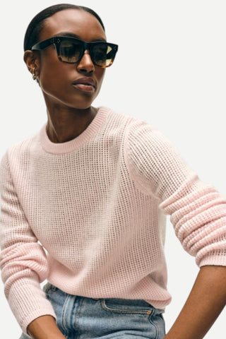 White + Warren Cashmere Waffle Mesh Crew Top, Pink Sand