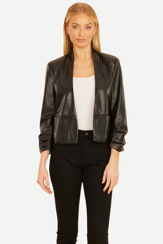 Dolce Cabo Vegan Leather Ruched Sleeve Blazer, Black