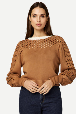 Cleobella Anwen Sweater, Brown with Ivory Trim