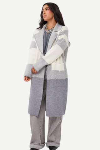 Esqualo Long Striped Cardigan, Grey Melange