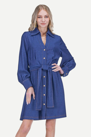 Jade Collar Waist Pleated Shirtdress, Denim
