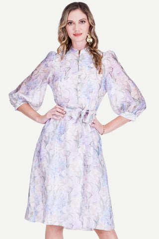 Jade Stand Collar A-Line Midi Dress, Whispering Lilies JADE