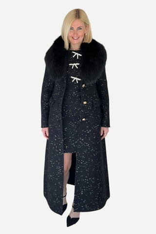 Pissenlit Cashmere Long Coat with Fur Collar, Black Tweed