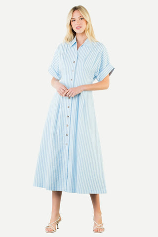 THML Short Sleeve Striped Button Down Dress, Light Blue THML