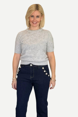 Pissenlit Brushed Cashmere Short Sleeve Sweater with Pearl, Light Grey