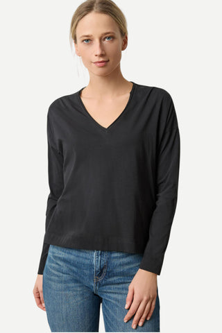 Lilla P Long Sleeve Cut Edge V-Neck Shirt, Black