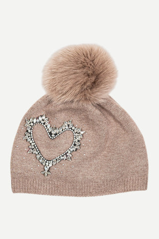 Mitchies Matchings Taupe Beanie w/ Rhinestone Heart Patch and Fox Pom