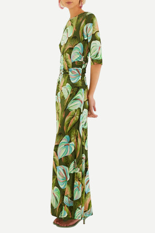 Farm Rio Short Sleeve Midi Dress, Anturium Leaves Green Farm Rio