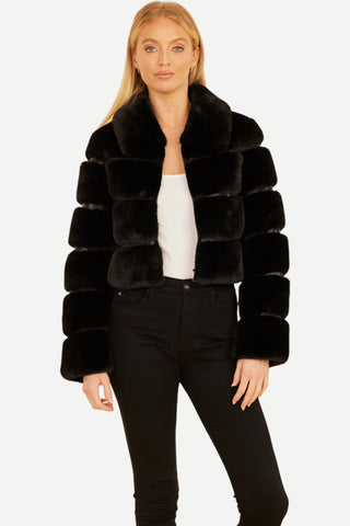Dolce Cabo Vegan Leather Paneled Faux Fur Cropped Jacket, Black