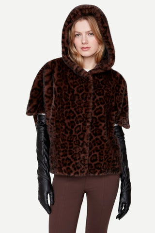 Renuar Leopard Short Haired Hooded Poncho, Chestnut