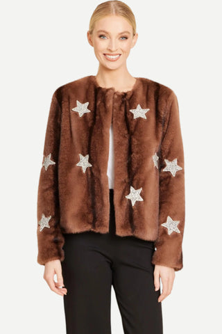 Dolce Cabo Faux Fur Star Embellished Jacket, Brown