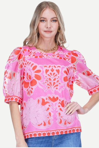 Jade Puff Sleeve Top, Pink Petal Lace JADE