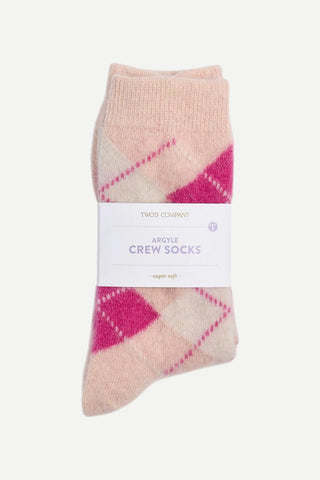 Two's Company Argyle Crew Socks, Pink