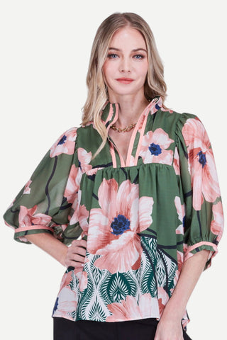 Jade Stand Collar Pull Sleeve Top, Olive Bloom